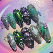 Load image into Gallery viewer, Aqua Chrome - 3D Luxury Press On Nail Set - Nail art Collection / crystal silver multicolour iridescent green abstract