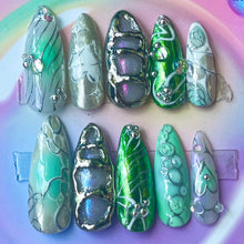 Load image into Gallery viewer, Aqua Chrome - 3D Luxury Press On Nail Set - Nail art Collection / crystal silver multicolour iridescent green abstract