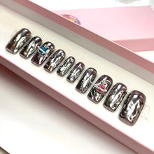 Load image into Gallery viewer, FEMBOT - Chrome Silver Diamanté Planet Luxury Press On Nail Set - Colourpop Collection 012
