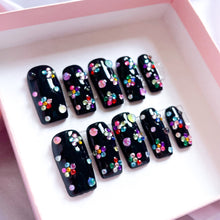 Load image into Gallery viewer, Confetti Flowers - Black Rhinestone Luxury Press On Nail Set