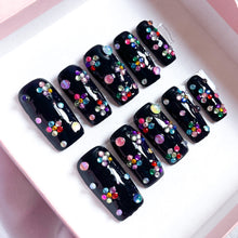 Load image into Gallery viewer, Confetti Flowers - Black Rhinestone Luxury Press On Nail Set