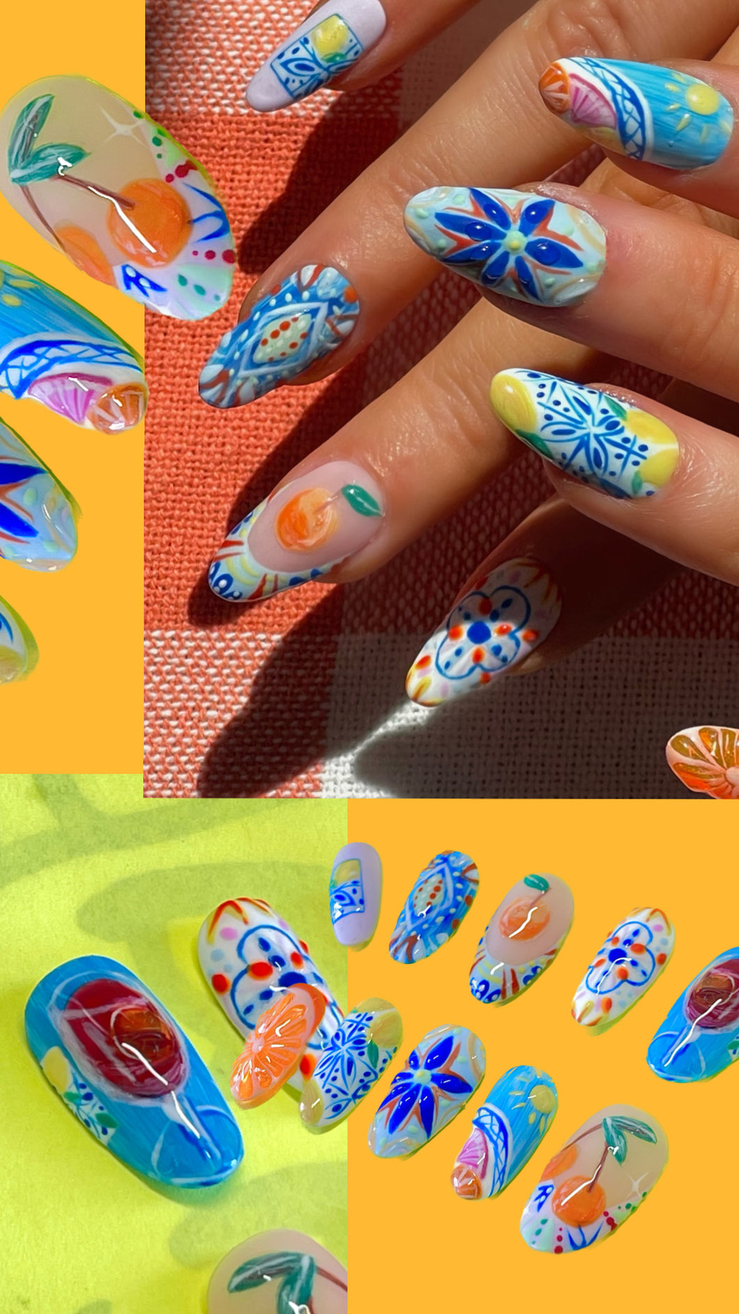 Lisbon - Mix Match Luxury Press On Nail Set - Portuguese tiles fruit matte sangria