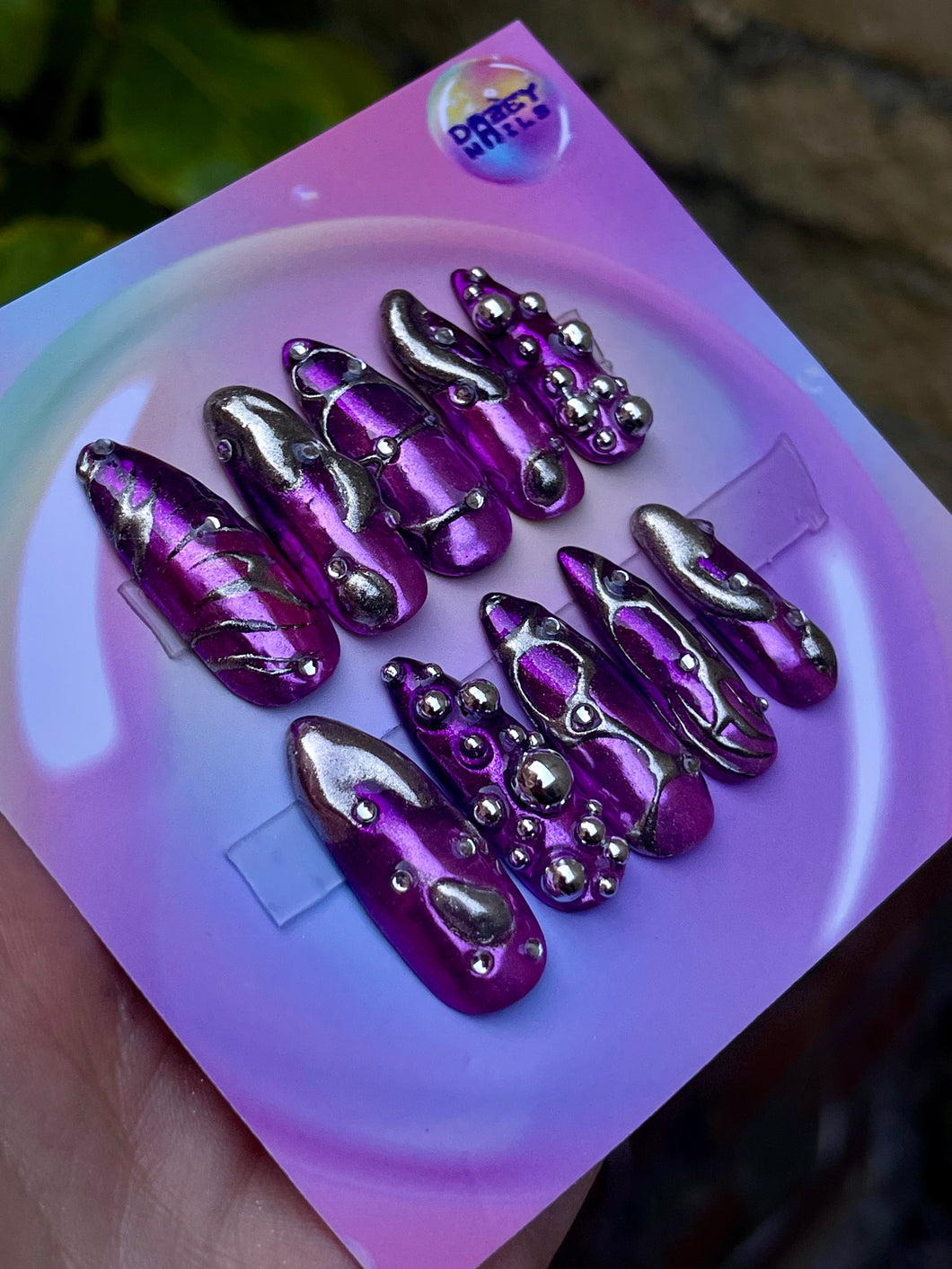 Gradient Chrome 3D Pink Purple Silver Press On Nail Set