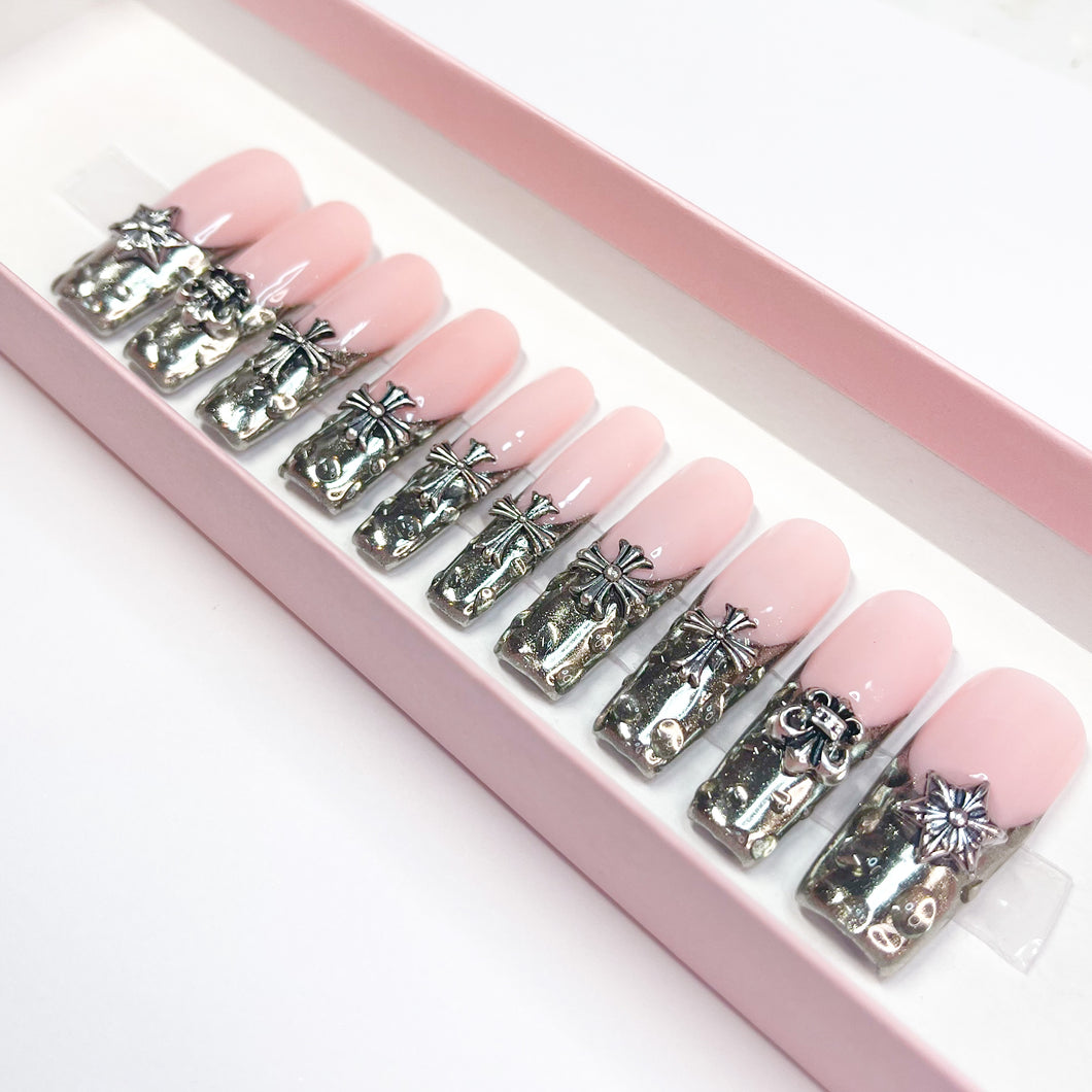 Chrome Drops - 3D Embellished Luxury Press On Nail Set - Deluxe Nail art Collection 024