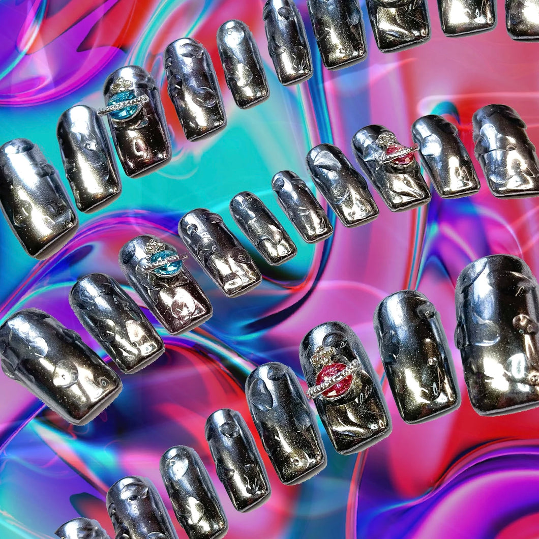 FEMBOT - Chrome Silver Diamanté Planet Luxury Press On Nail Set - Colourpop Collection 012